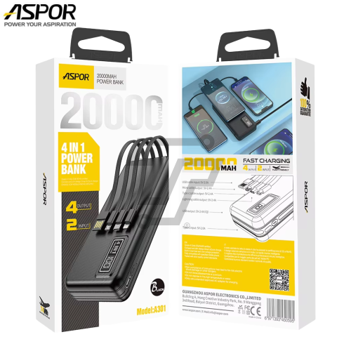 Aspor Power Bank 20000mAh A301 Built in 4 Cables with LED Digital Display